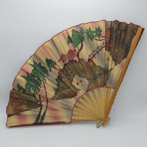 Asian Print Fan-Large-30" Span-Fabric and Bamboo Construction Foldable Vintage
